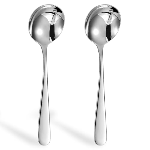 QZKJQDD Soup Spoon 2 Pieces Set Stainless Steel Round Stainless Steel Bouillon Spoons for Celebrations Family Dinners Hotel Restaurants Cereal Spoons & Sugar Spoons & Table Spoons (18.8cm)