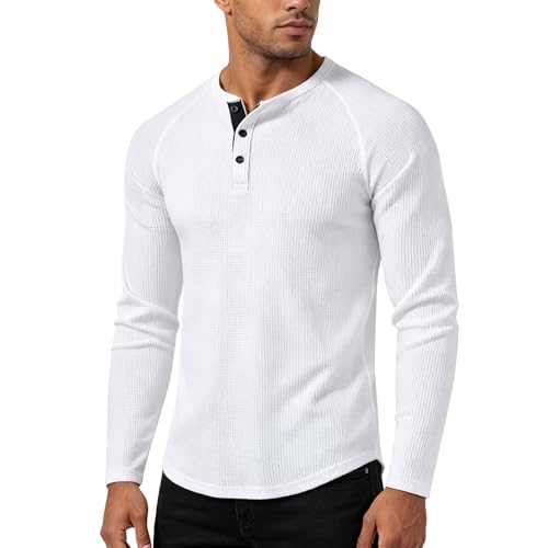 T-FOUR Camisa De Manga Larga con Cuello Redondo Y Medio Botón Estilo Casual Practicar Deportes Entrenar Color Sólido Suave Playera De Manga Larga para Hombre Y Camisa Casual Henry (Mediano, Blanco)
