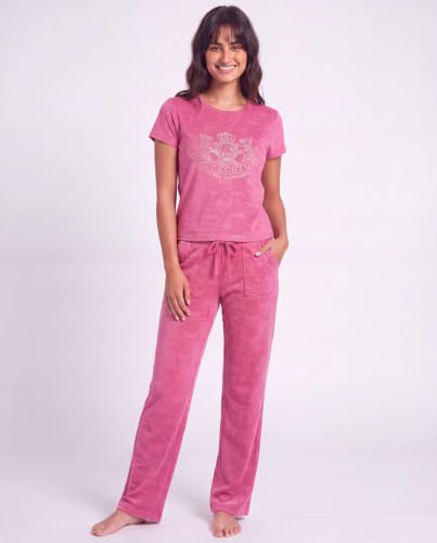Image of Juicy Couture Women's 2 Piece Velvet Fleece Short Sleeve Shirt and Pants Lounge Sleepwear Set