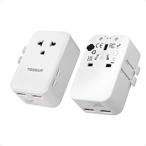 TESSAN Universal Travel Adapter PD 25W, International Power Adapter, Ultral Thin Universal Adapter with 2 USB A 2 USB C for US to European UK Australia Ireland(Type C G A I) White