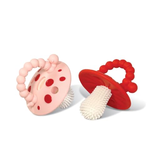 Image of RaZbaby Soft Silicone Infant & Baby 3M+ Teether Toy Massaging Bristles Teething Relief Pacifier - Soothes Sore Gums - Hands-Free & Easy-to-Hold Chompy Teether, BPA Free (Blush /Red)