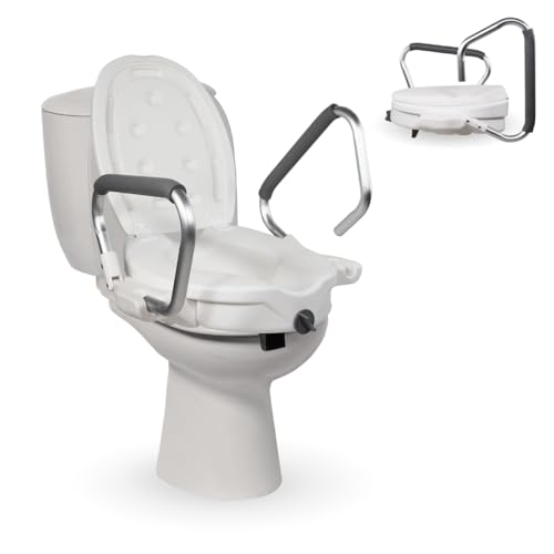 Mobiclinic®, Elevador WC para Adultos, 17cm, con Reposabrazos abatibles y Acolchados, con Tapa, Adaptable a inodoros ovalados, Ergonómico, Ligero, Seguro, Marca Española, Modelo Guadiana