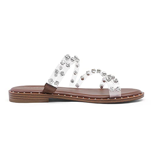 Image of DREAM PAIRS Women's Clear Studded Rhinestone Slide Sandals Slip on Open Toe Cute Flat Sandals for Summer