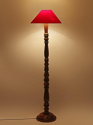 Image of Red Coolie Cotton Floor Lamp with Wooden Base - Height 53 Inches | Modern Standing Lamp for Living Room, Bedroom & Office | Stylish Home Decor Lighting & Decorative