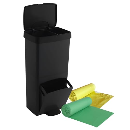 Pack Cubo de basura o reciclaje 70L en NEGRO, VERTICAL, 2 Compartimentos, Papelera residuos, 76 cm, INCLUYE bolsas de basura adaptadas 30+40L