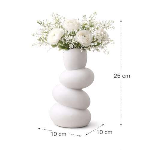 Image of Ceramic Pebble Vase, 9 inch Stacked Stone Design for Pampas Grass & Modern Home Decor, Unique Geometric Flower Vase Centerpiece (White)