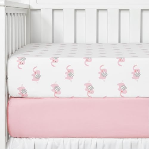Image of TILLYOU 2 Pack Fitted Crib Sheet Set - 100% Natural Cotton Toddler Bed Mattress Sheets,Standard 28”x 52”, Pink Elephant & Pink