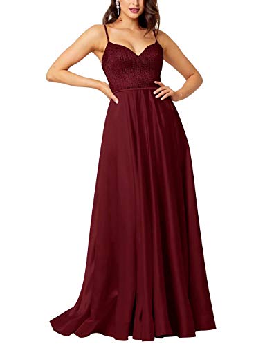 Lilibridal Spaghetti Straps Satin Prom Dresses with Pockets Crystal Beaded Formal Evening Gown Princess Ball Gown(Burgundy,04)