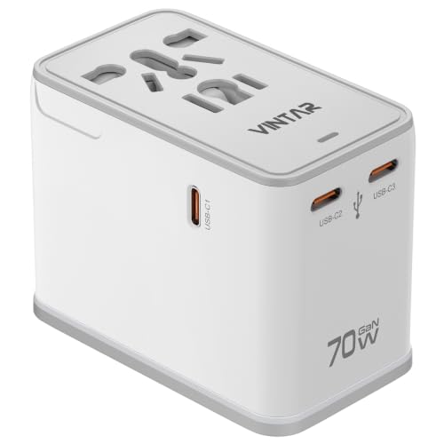 Image of VINTAR 70W GaN Universal Travel Adapter, 5 in 1 with 3 USB-C PD& 1 USB-A QC | International Power Adapter with 70W GaN Fast Charging, All-in-one for EU UK USA AUS, Worldwide Travel Essentials, White