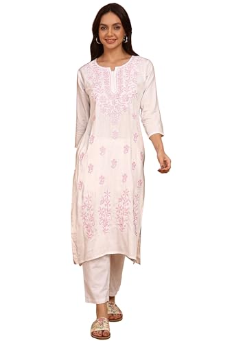 Image of Women Pink Ethnic motifs Embroidered Lucknowi Chikankari Long Kurti