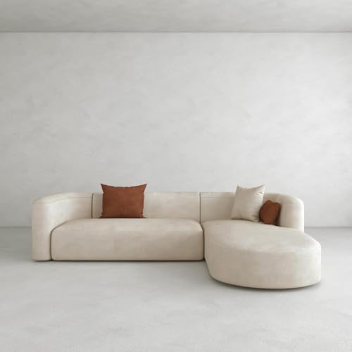 Image of 105 inch Luxury Modern Tight Curved Back Velvet Sofa, Minimalist Style Comfy Couch for Living Room Apartment, L-Shape Chaise, Cream