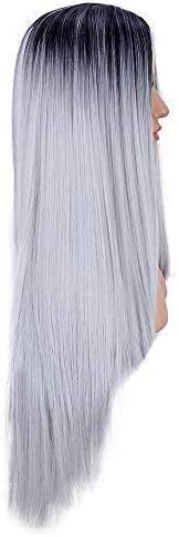 YUNSI Grey Wigs for Women Ombre Grey Natural Straight Long Synthetic Hair Heat Safe No Lace Front Wig 30 Inches - Image 4