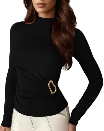 Pink Queen Women's 2025 Fall Long Sleeve Shirts Mock Neck Button Decor Ruched Slim Fit Going Out Tops