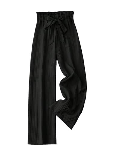 SOLY HUX Women's Wide Leg Pants Bow Tie Front Elastic High Waisted Baggy Casual Long Trousers