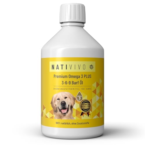 NatiVivo Premium Omega 3-6-9 Hunde Barföl 500ml Omega 3 Boost Fischöl mit Hanfsamenöl 100% natürlich Hochwertige Ergänzung für Barf & Trockenfutter Made in Germany