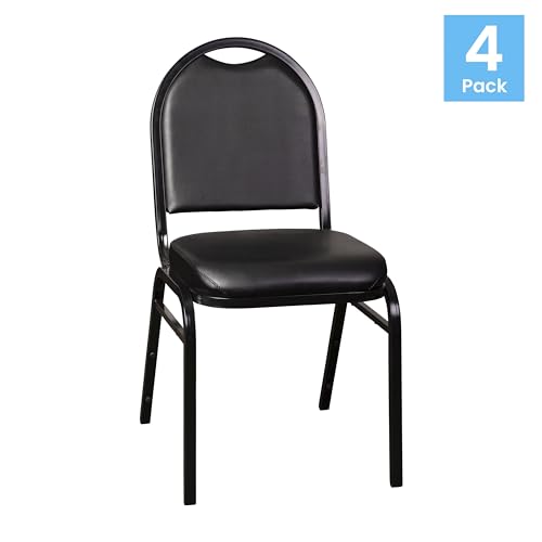 Flash Furniture HERCULES Set of 4 Commercial Grade 500 LB. Capacity Dome Back Stack Chairs - Black Vinyl Upholstery - Black Metal Frames - Built-In Handle - Image 5