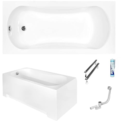 ECOLAM Baignoire rectangle Aria 150x70 cm | tablier en acrylique | pieds siphon + silicone | Baignoire acrylique blanc | set complet baignoire rectangulaire