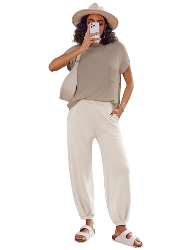 Image of Ekouaer Two Piece Outfits Lounge Sets for Women Sweater Sets Knit Short Sleeve Tops Jogger Pants Matching Tracksuit