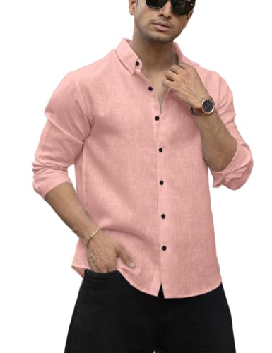 Image of NexaFlair Men's Shirt Regular Fit Solid Pattern Linen Cotton with Long Sleeve Collared Neck Standard Length and Button Down Closure Type | Mens Casual Shirts | Man's Formal Shirts