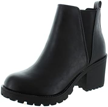 Soda ORIGAMI ~ WOMEN LUG SOLE MID HEEL FASHION ANKLE BOOTIE W/DOUBLE ELASTIC GORE (8, Black, numeric_8)