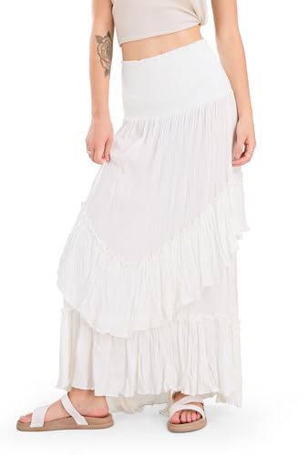 CHARTOU Women Boho Maxi Convertible Skirt Wide Smocked Elastic Waist Asymmetric Ruffle Strapless Dress