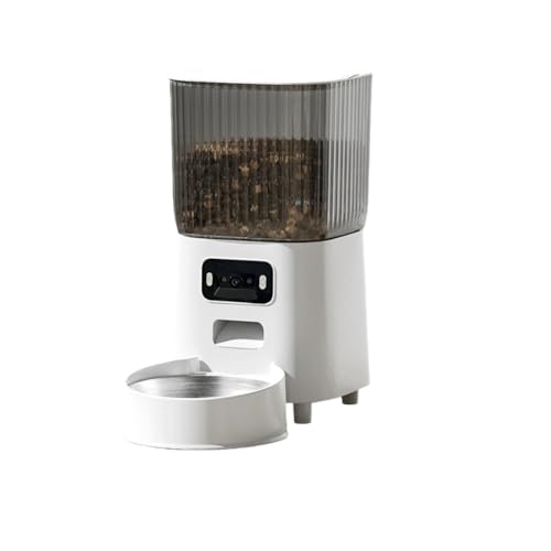 自動給餌器 猫 犬 定時定量 ケージ取付タイプ 自動餌やり機 小型犬 猫用 2WAY給電 定時定量 手動給餌可 お手入れ簡単 (5L ホワイトシングルボウル,カメラ Anjuyun-US アダプター)