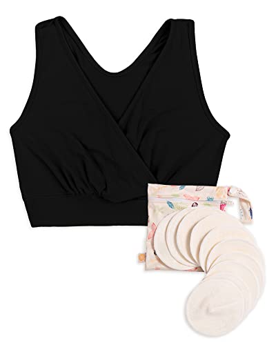 Image of Kindred Bravely French Terry Racerback Nursing Sleep Bra (Black, XX-Large-Busty) & Organic Washable Breast Pads Bundle