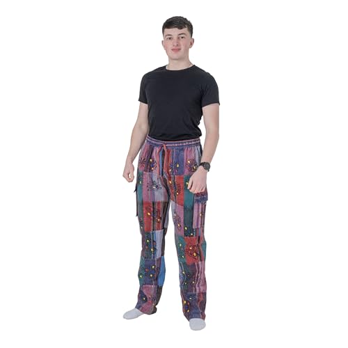 Ezhippie Handgefertigte Hippie-Patchwork-Hose für Männer, Cargohose aus 100 % Baumwolle im Bohemian-Stil mit elastischer Taille, M