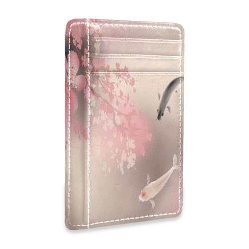 Front Pocket Minimalist Leather Slim Wallet Credit Card Holder Hand Drawn Koi Fish for Men & Women