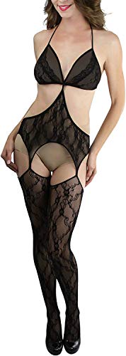 Image of ToBeInStyle Women's Bodystocking Crotchless Peek-A-Boo Fishnet Lace Bodysuit