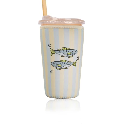 Image of Reusable Insulated Sleeve for Iced Coffee Cup, Coffee Neoprene Sleeve for Cold & Hot Drinks, Beverage Holder for Iced Coffee (Fish Stripes, Large: 32oz)