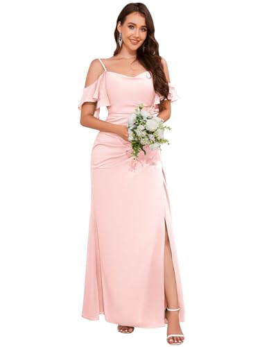 VGZ Off The Shoulder Bridesmaid Dresses Chiffon Ruffle Ruched Long Formal Evening Dress with Slit