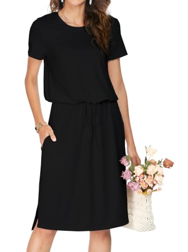 Image of Simier Fariry Womens Summer Hide Belly Knee Length Travel Dress Pocket Short Sleeve Midi Work Casual Outfits