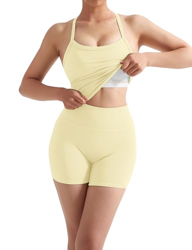 Image of SUUKSESS Women 2 Piece Workout Sets High Waisted Tummy Control Biker Shorts Halter Padded Tank Tops