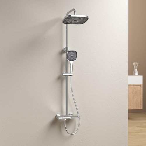 EMKE Klassisch Duschsystem mit Thermostat Duschsystem, Duschsäuleset mit Brausestange, Handbrause mit 3 Strahlstärken, Regendusche Duschsystem, Duscharmatur mit thermostat,Chrom