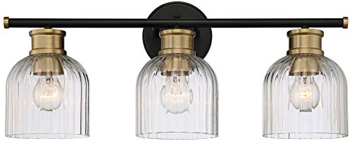 Image of Stiffel Lana Mid Century Modern Wall Light Black Warm Brass Hardwired 23 inch 3-Light Fixture Clear Fluted Glass Shade for Bedroom Bathroom Mirror Vanity Reading Living Room Hallway House