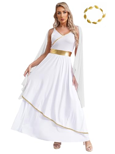 Yruioon Femmes Grecque Toga Robe avec Couronne de Laurier Blanc Déesse Romaine Antique Déesse Robe Déesse Grecque Costume Halloween Carnaval Tenue De Fête Blanc M
