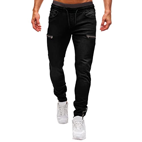 Men's Denim Jogger Pants Zipper Pockets Jeans Elastic Waist Hipster Cargo Jeans Outdoor