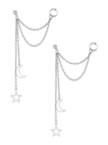 Sacina Goth Punk Silver-tone Moon and Star Earrings, Ear Cuff Gothic Punk Earrings, Emo Christmas Jewelry Gifts for Women