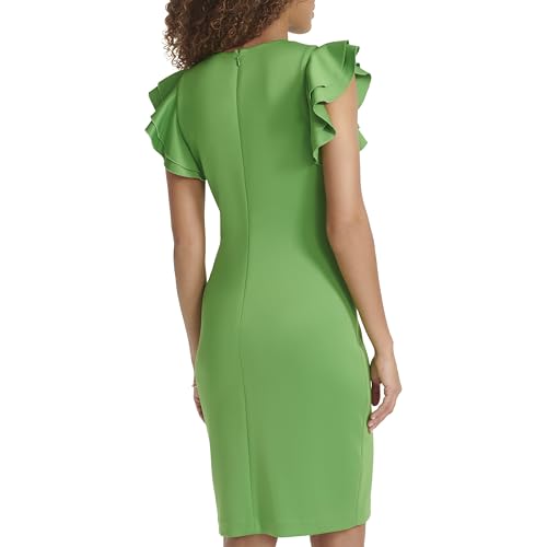 Image of Tommy Hilfiger Women's Sleeveless Ruffle Hem Jewel Neck Crepe Sheath Mini Dress