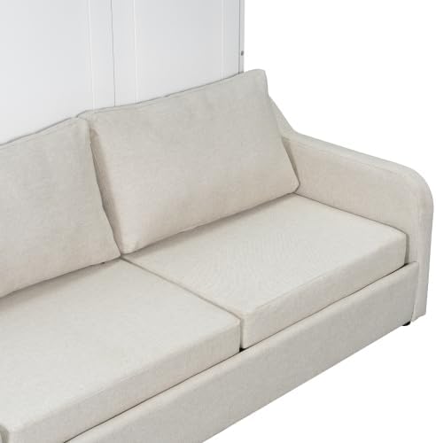 Full Size Murphy Cabinet Bed with Folding Sofa, Features Built-in Storage Shelves & LED Lighting (Beige)