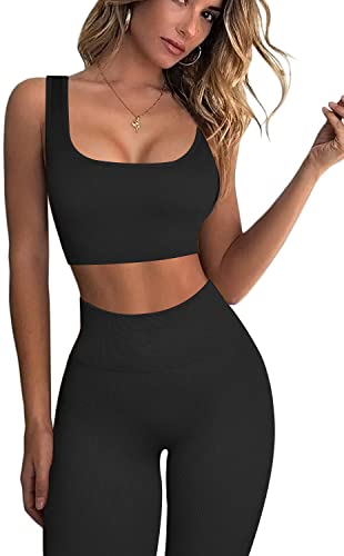 OLCHEE Women's Sexy 2 Piece Workout Outfits - Seamless Ribbed Leggings and Square-Cut Sports Bra Yoga Activewear Set - Black Size XL