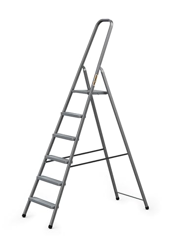 DRABEST - Stehleiter - mit 6 Stufen - bis 125 kg belastbar - 1 97 m lang - Arbeitshöhe 3 2 m - Trittleiter Bockleiter aus Stahl pulverbeschichtet - für Haushalt Malerarbeiten - Grau