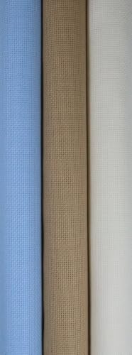 Image of KCS 3 pc of 15 inch x 18 inch(38cmx45cm) 18 Count Cross Stitch Cotton Aida Cloth Needlework Rolled Fabric Box,18CT,Light Blue+Khaki+Antique White
