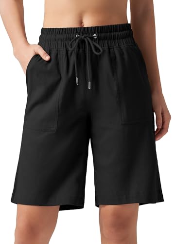 WILLIT Shorts Damen Leinen Shorts Freizeit Bermuda Kurze Hose knielange High Waist Bequeme Sommershorts mit Taschen 10 Schwarz XL