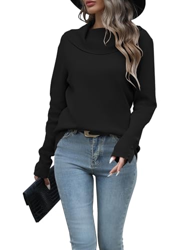 LYHNMW Damen-Pullover mit Wasserfallkragen, langärmelig, leicht, dehnbar, lockere Passform, warmer Pullover, Schwarz, Groß