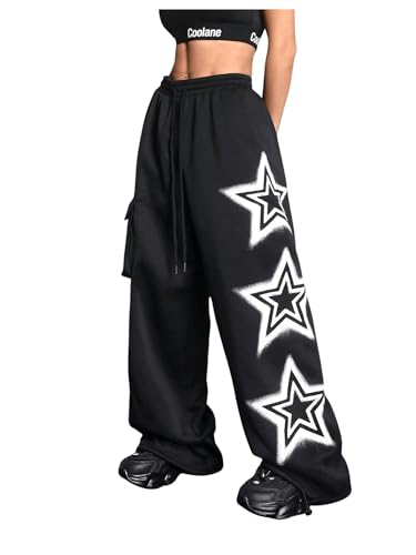 Women's Baggy Sweatpants Y2k Star Drawstring Elastic Waist Fleece Lined Athletic Baggy Pants with Flap Pocket