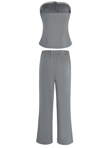 Women's 2 Piece Work Outfit Strapless Button Down Tube Top and Pants Elegant Set2