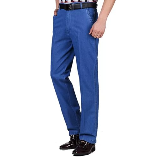 Jeans elásticos sueltos de cintura alta para hombre, para viajes de negocios, para todas las estaciones, cómodos pantalones rectos de mezclilla suaves, Azul claro (estilo delgado), 48
