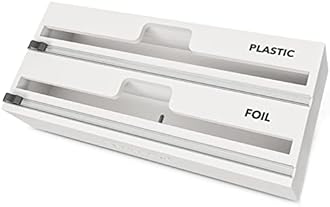 SpaceAid WrapNeat 2 in 1 Wrap Organizer with Cutter and Labels, Plastic Wrap, Aluminum Foil and Wax Bamboo Dispenser for Kitchen Storage Organization Holder for 12" Roll (White)
